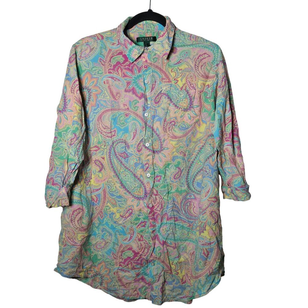 Lauren Ralph Lauren Paisley Cuffed Sleeve Button Front Top Medium Preppy‎ Career
